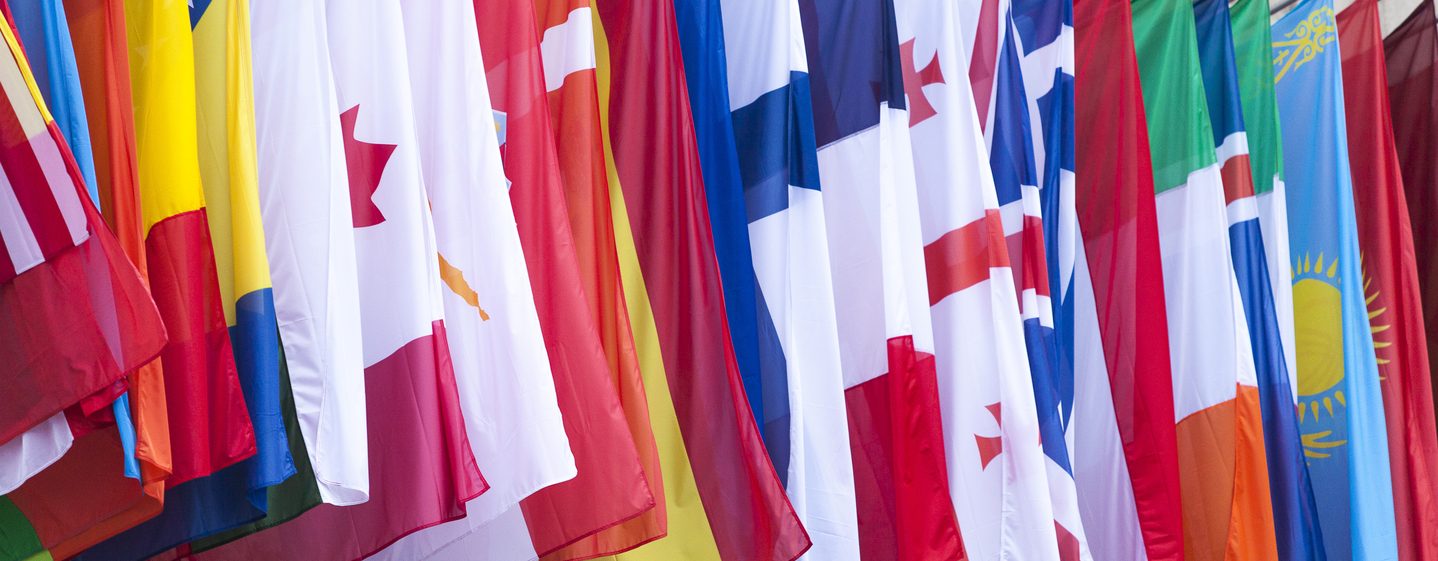 Several international flags blowing in the wind