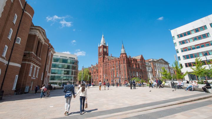 A public square in front of the Liverpool University Mountford Hall