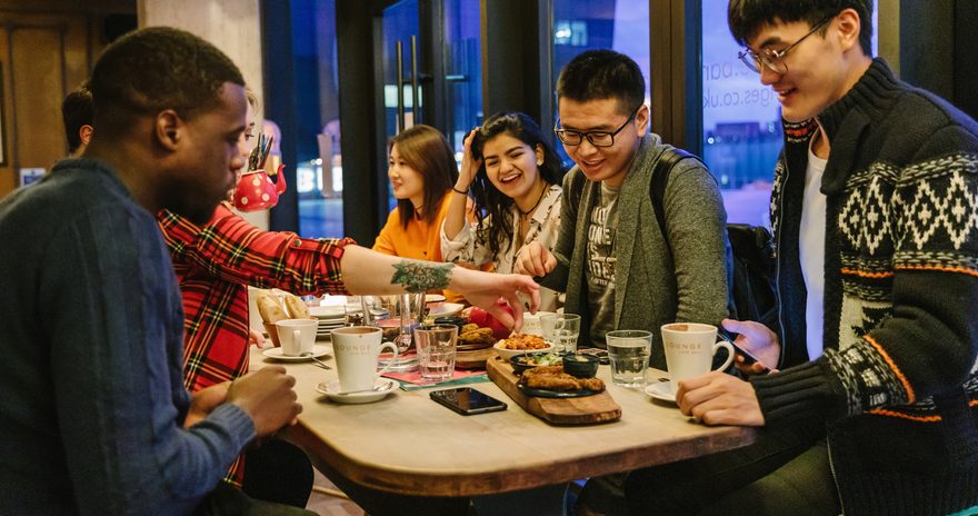 Liverpool College students having food and drink