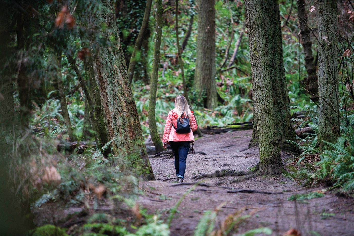 Student walking in the forest