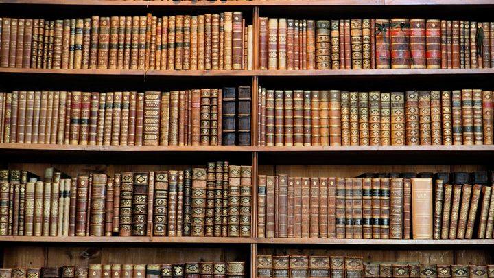 Old books stored neatly in bookshelf