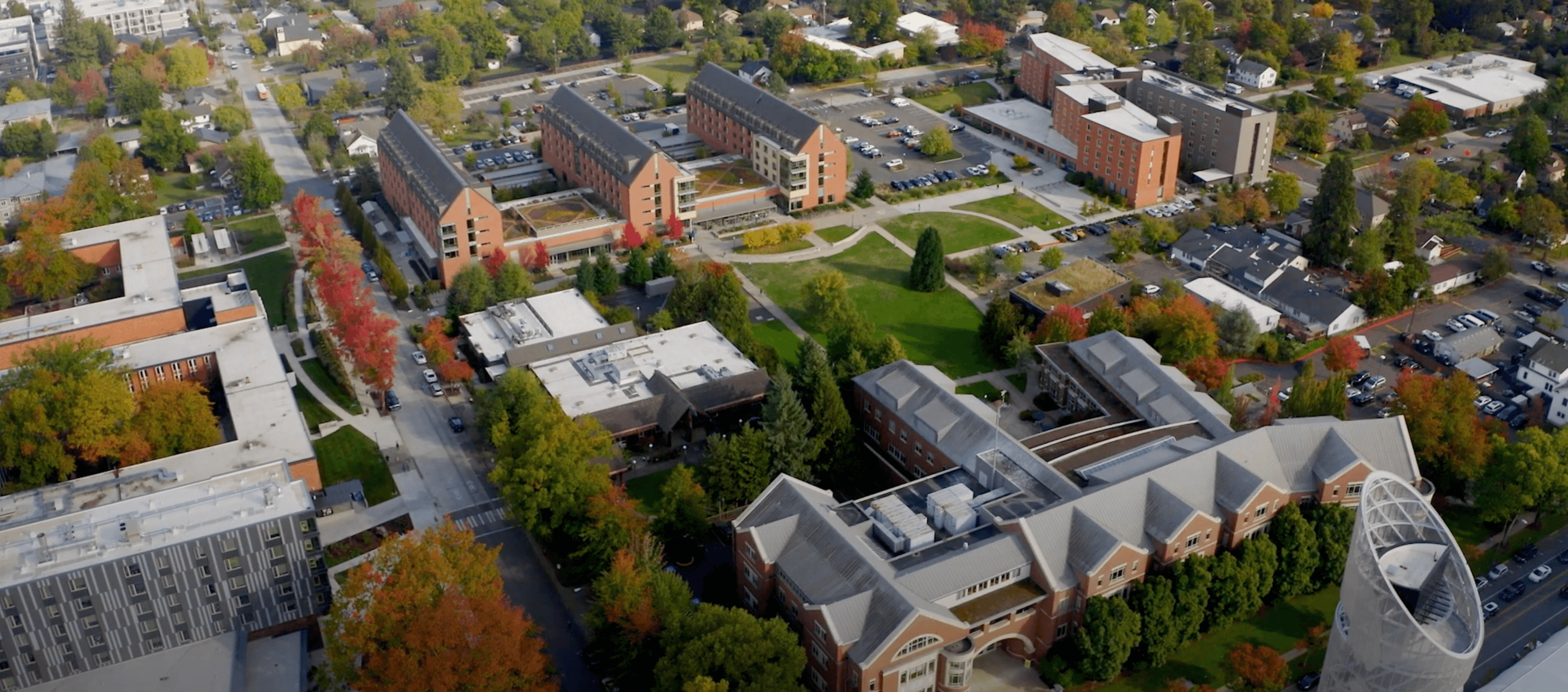 A view from above of the global scholars hall at the University of Oregon campus