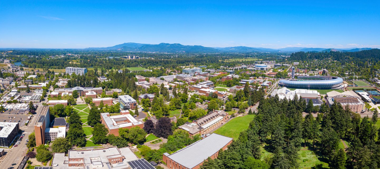 Aerial view of University of Oregon's campus in Eugene