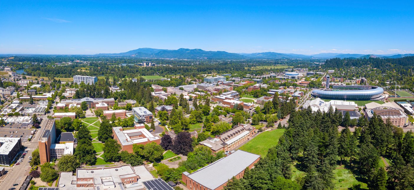 Aerial view of University of Oregon's campus in Eugene