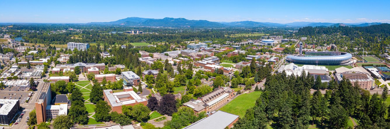 Aerial view of University of Oregon's campus in Eugene