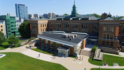 Aerial view of Simmons University campus buildings