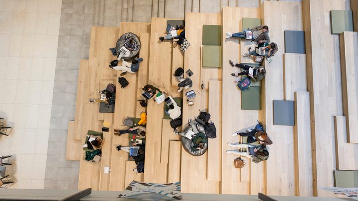 Students studying on the seating area at Central Academic Building