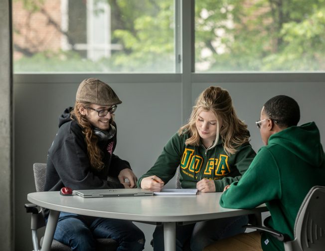 Three engineering students studying together at a round-table