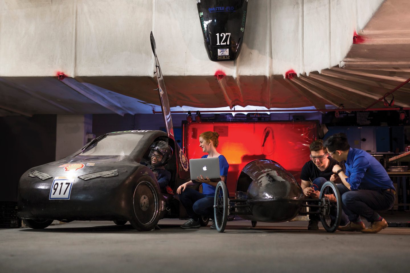 A group of students working on their EcoCar project at University of Alberta