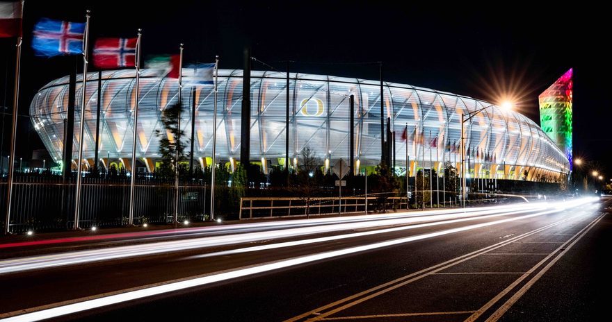 UO's hayward field exterior at night